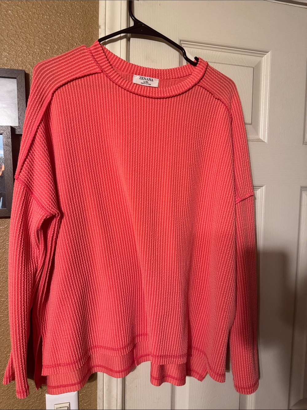 Zenana Outfitters Coral Ribbed Crewneck Sweater - Coral Pink